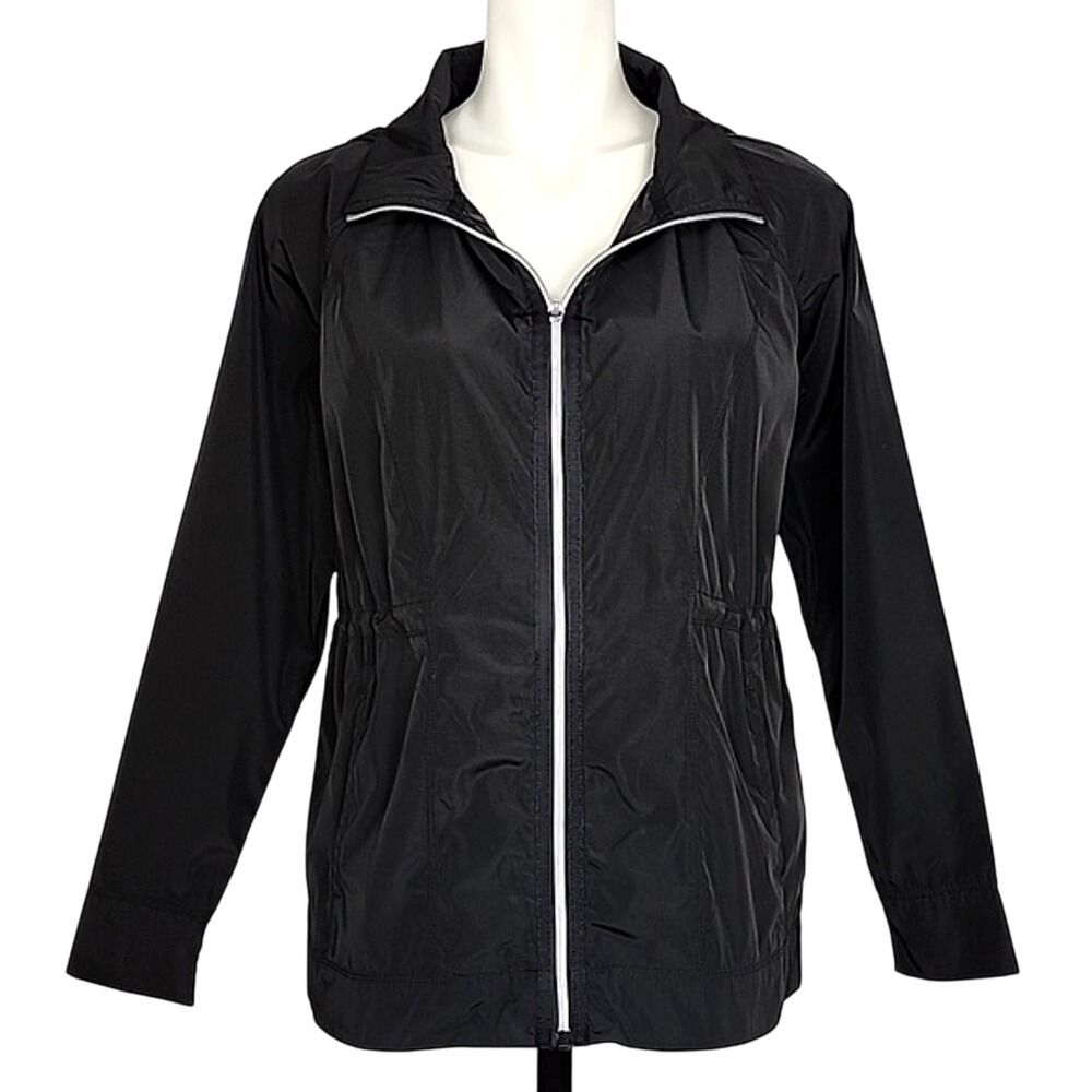 Apana Women's Windbreaker Jacket Hooded Full Zip Running Cinch Waist Black M
